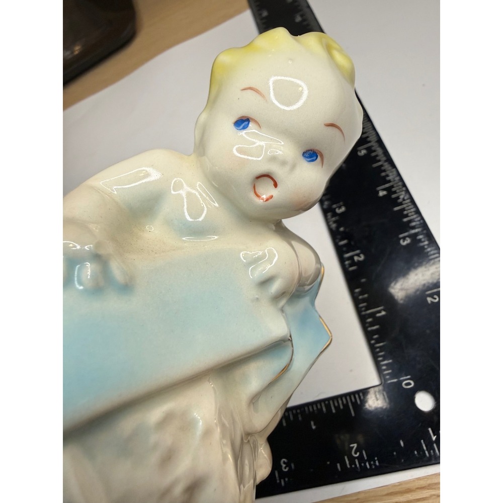 Vintage Ceramic Baby on Globe Planter Gold Trim Nursery Decor Blue Eyes 179